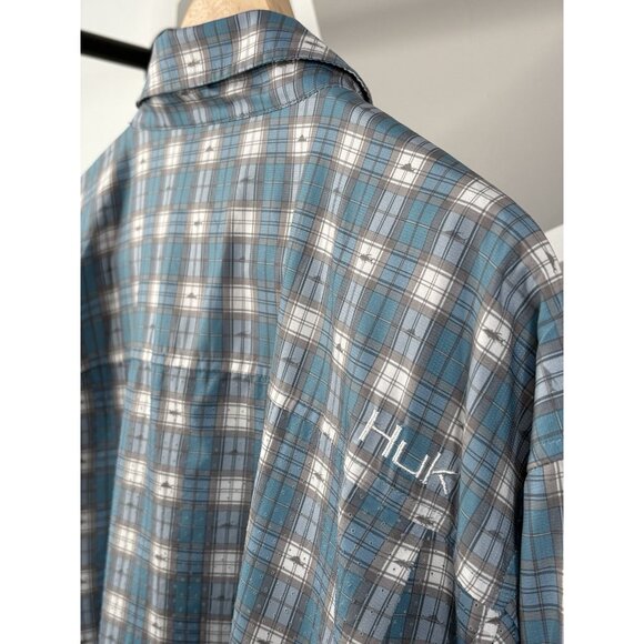 HUK Tide Point Woven Fishing Shirt Men’s XL Vented Blue Plaid Performance - Picture 8 of 15